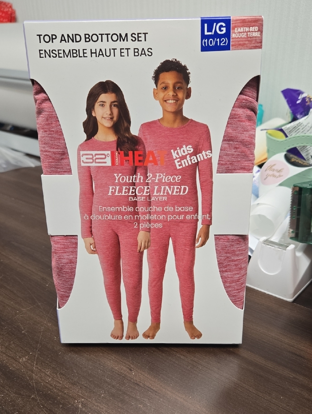 32 Degrees Size L (10/12) Earth Red Youth 2 Piece Fleece Lined Base Layer Set